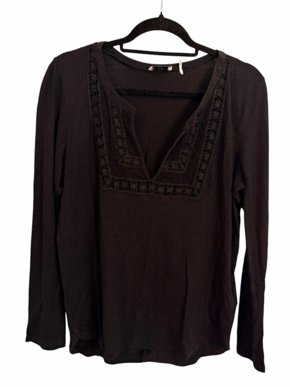 SANDRO PARIS 3 L Black V-Neck Linen Blend Top with Lace Detailing